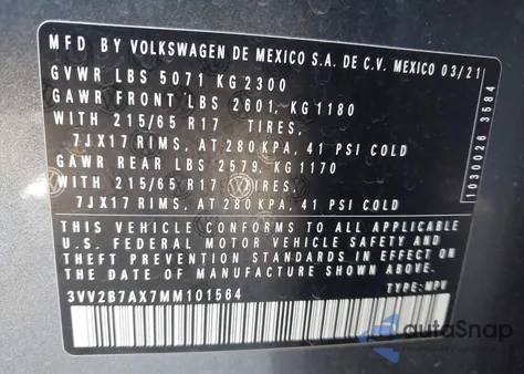 2021 Volkswagen Tiguan 2.0T Se/2.0T Se R-Line Black/2.0T Sel из США, поврежденный, VIN 3VV2B7AX7MM101564